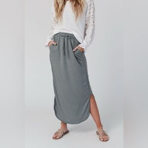EUC Three Bird Nest The Nest So Comfy Drawstring Maxi Skirt - LG, Light Olive